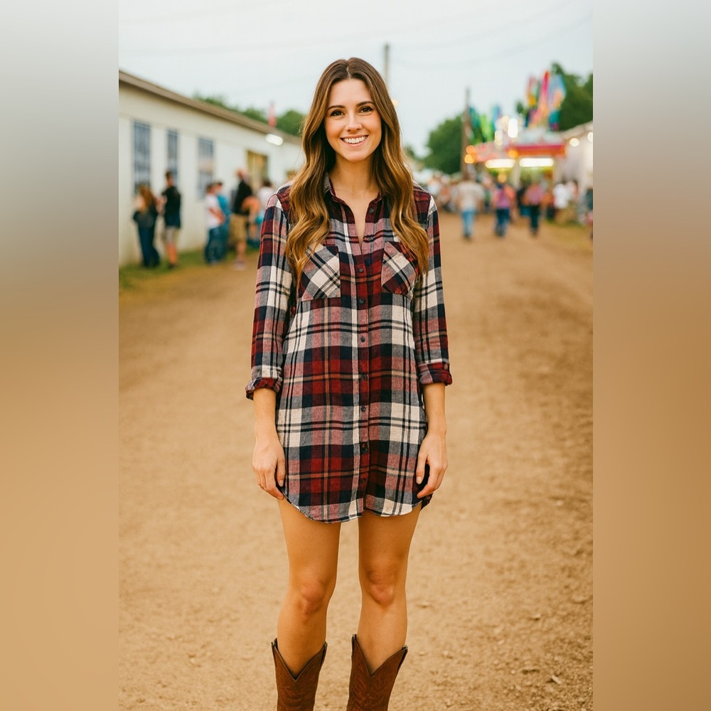 Cloth & Stone Plaid Tunic‎ Shirt Dress Festival Fair Cowgirl Western